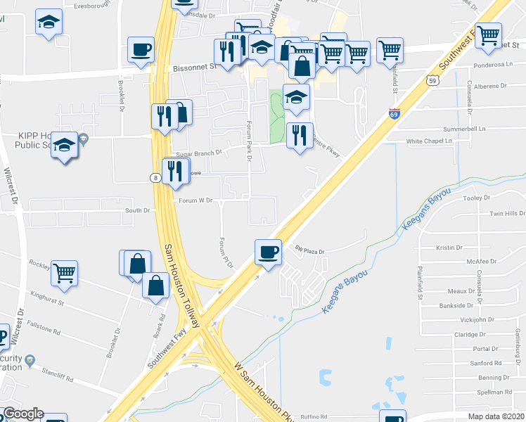 map of restaurants, bars, coffee shops, grocery stores, and more near 10003 Forum West Drive in Houston