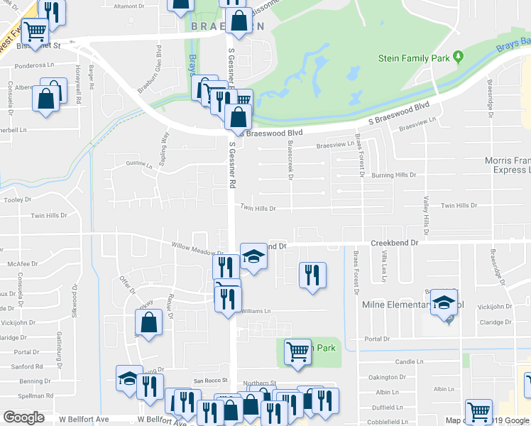 map of restaurants, bars, coffee shops, grocery stores, and more near 8507 Twin Hills Drive in Houston