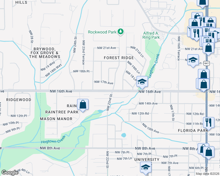 map of restaurants, bars, coffee shops, grocery stores, and more near 1600 Northwest 22nd Street in Gainesville
