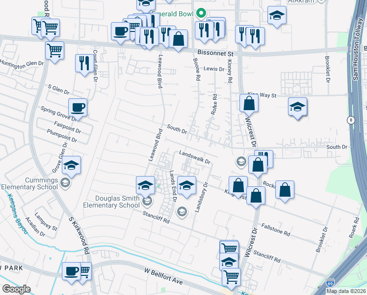 map of restaurants, bars, coffee shops, grocery stores, and more near 11105 Panther Court in Houston