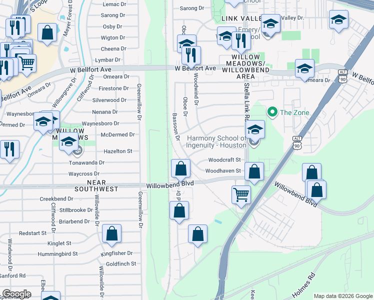 map of restaurants, bars, coffee shops, grocery stores, and more near 10505 Bassoon Drive in Houston