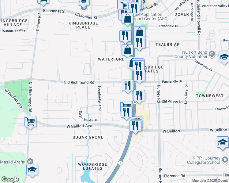 map of restaurants, bars, coffee shops, grocery stores, and more near 14722 Rich Valley Lane in Sugar Land