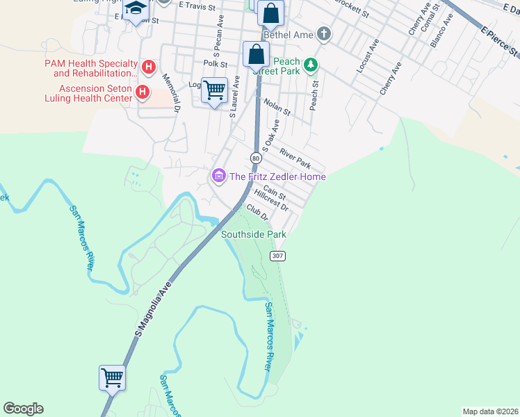 map of restaurants, bars, coffee shops, grocery stores, and more near 121 Club Drive in Luling