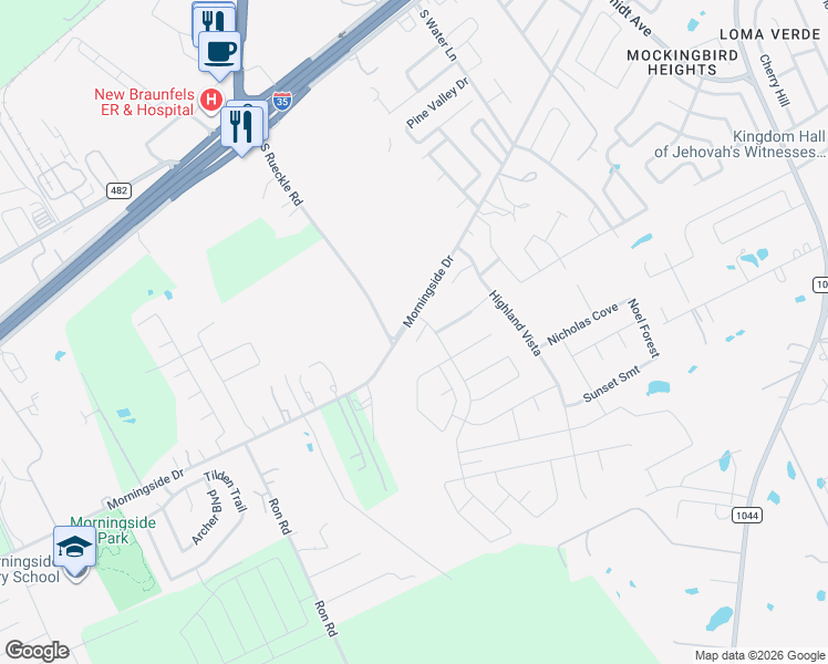 map of restaurants, bars, coffee shops, grocery stores, and more near 3209 Roan Street in New Braunfels