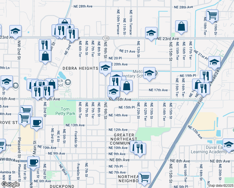 map of restaurants, bars, coffee shops, grocery stores, and more near 1000 Northeast 16th Avenue in Gainesville