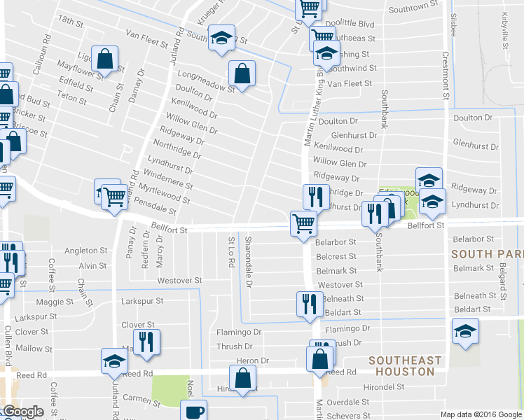 map of restaurants, bars, coffee shops, grocery stores, and more near 5606 Windemere Street in Houston