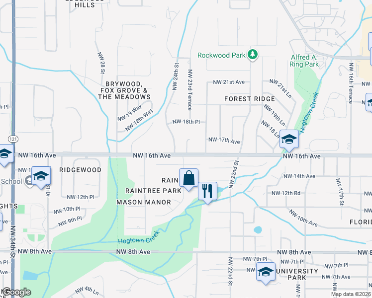 map of restaurants, bars, coffee shops, grocery stores, and more near 2370 Northwest 16th Avenue in Gainesville