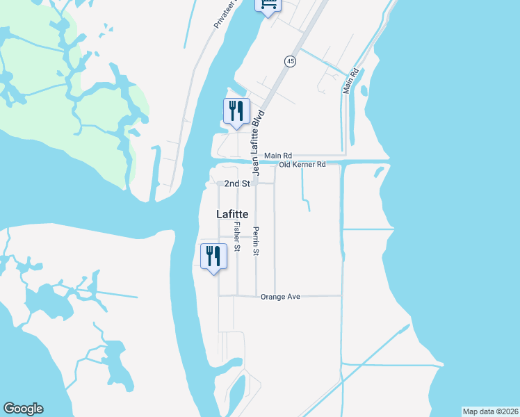map of restaurants, bars, coffee shops, grocery stores, and more near 5545 Perrin Street in Lafitte