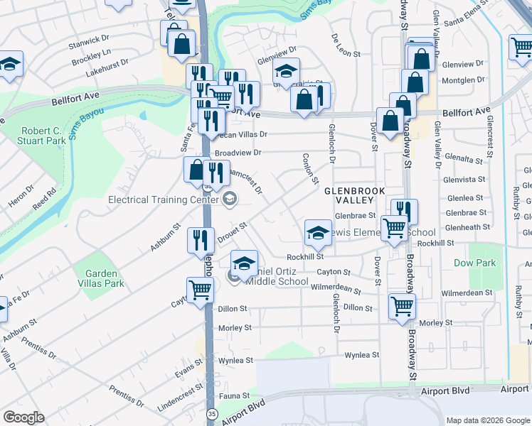 map of restaurants, bars, coffee shops, grocery stores, and more near 6702 Biggs Court in Houston