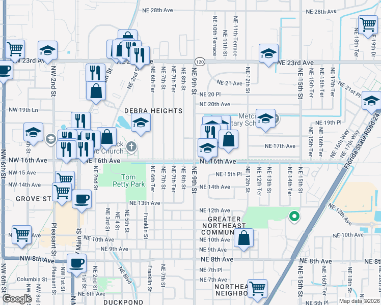 map of restaurants, bars, coffee shops, grocery stores, and more near 1614 Northeast 9th Street in Gainesville
