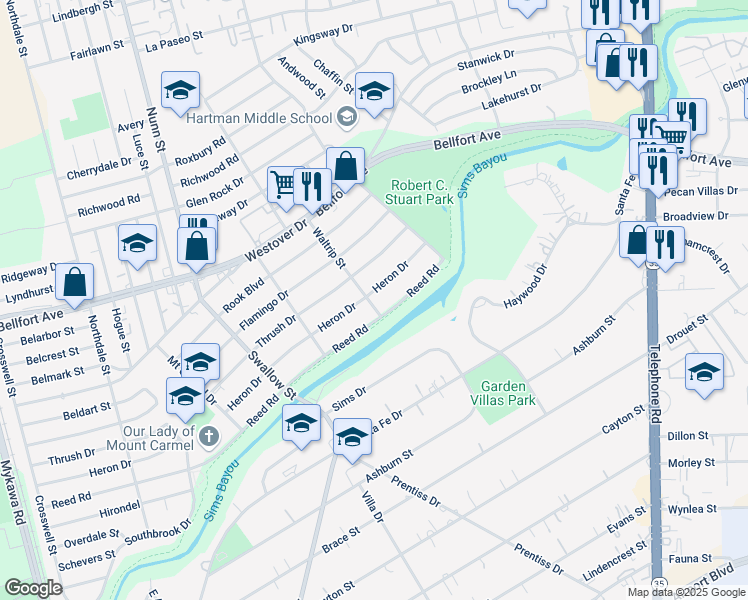 map of restaurants, bars, coffee shops, grocery stores, and more near 7102 Heron Drive in Houston