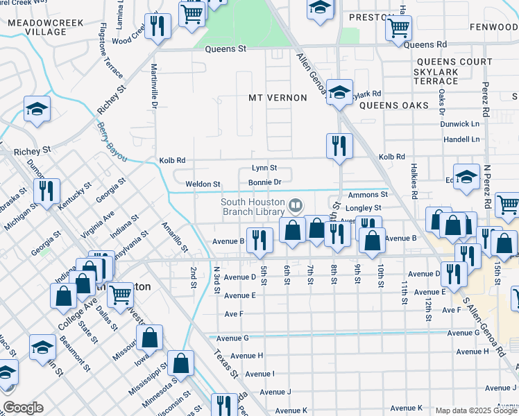 map of restaurants, bars, coffee shops, grocery stores, and more near 108 Virgil Street in South Houston
