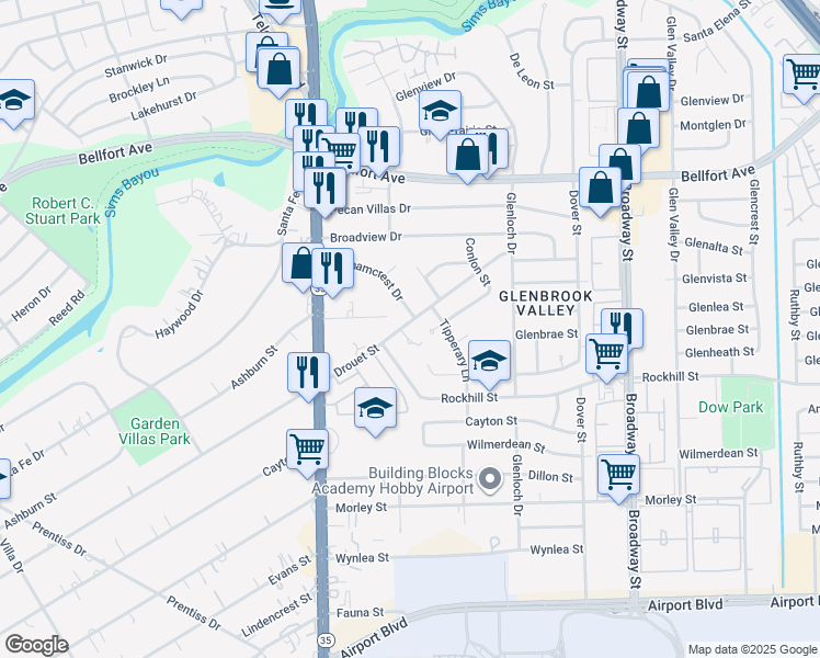 map of restaurants, bars, coffee shops, grocery stores, and more near 6702 Biggs Court in Houston