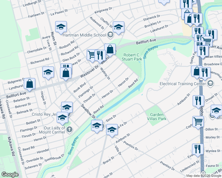 map of restaurants, bars, coffee shops, grocery stores, and more near 7041 Heron Drive in Houston