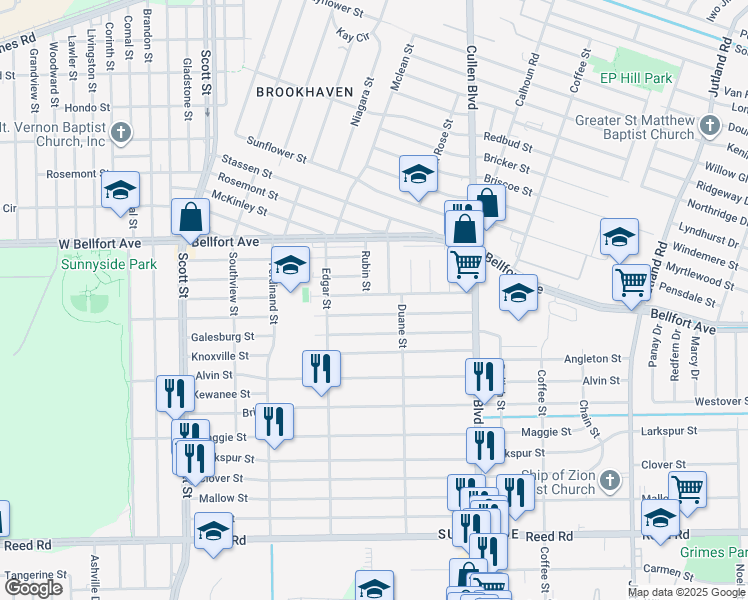 map of restaurants, bars, coffee shops, grocery stores, and more near 4517 Davenport Street in Houston