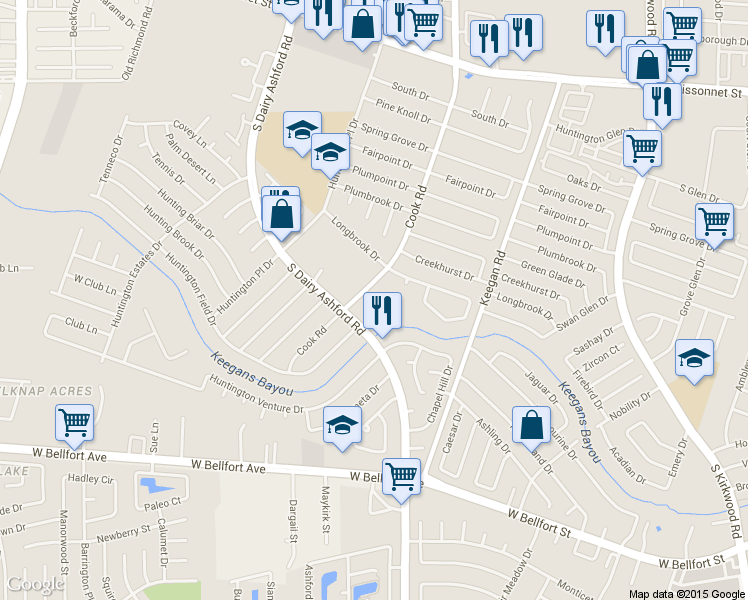 map of restaurants, bars, coffee shops, grocery stores, and more near 12502 Panther Villa Court in Houston