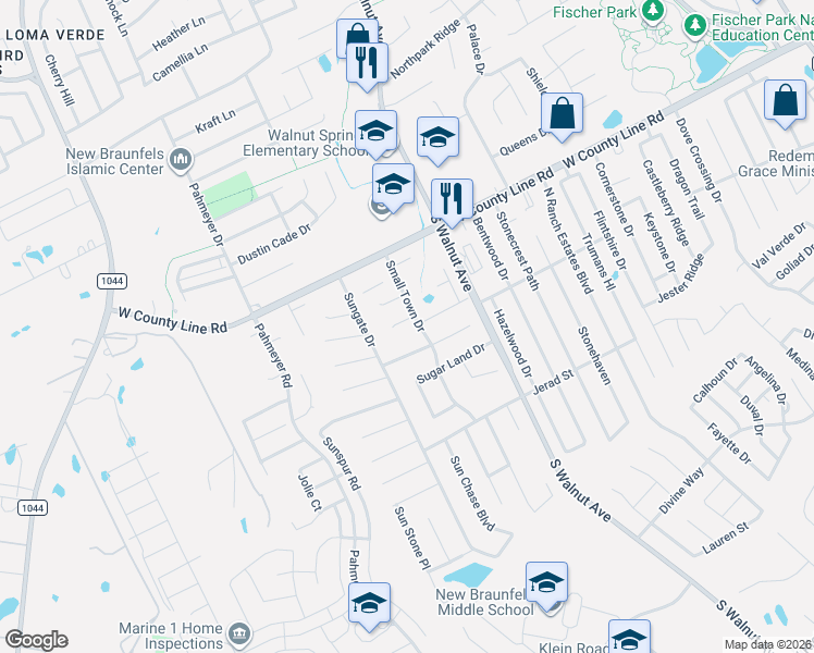 map of restaurants, bars, coffee shops, grocery stores, and more near 1327 Dime Box Circle in New Braunfels