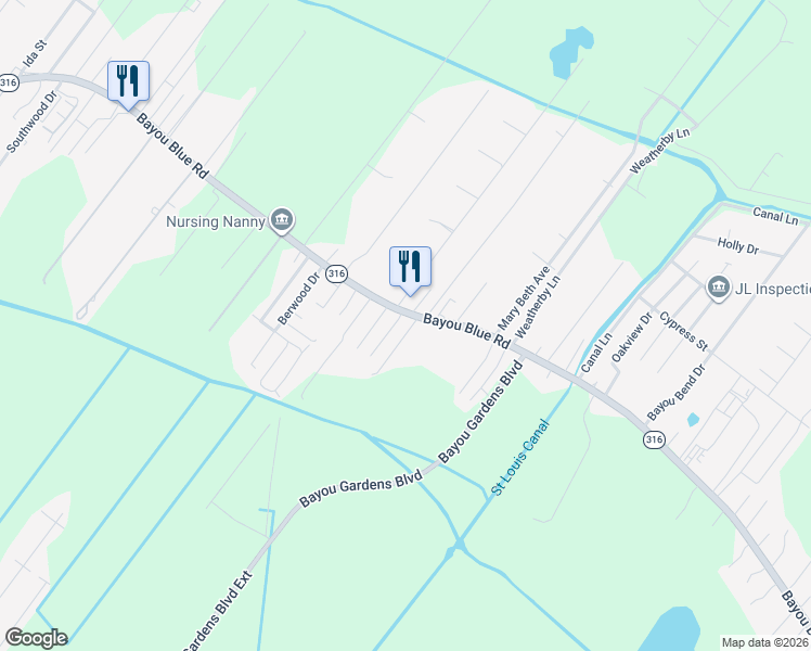 map of restaurants, bars, coffee shops, grocery stores, and more near 2421 Bayou Blue Road in Houma