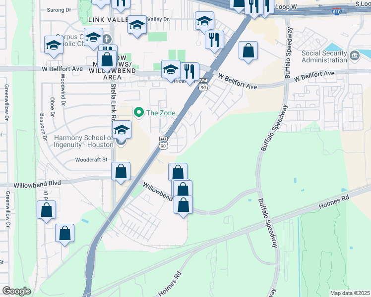 map of restaurants, bars, coffee shops, grocery stores, and more near 3307 Clearview Circle in Houston