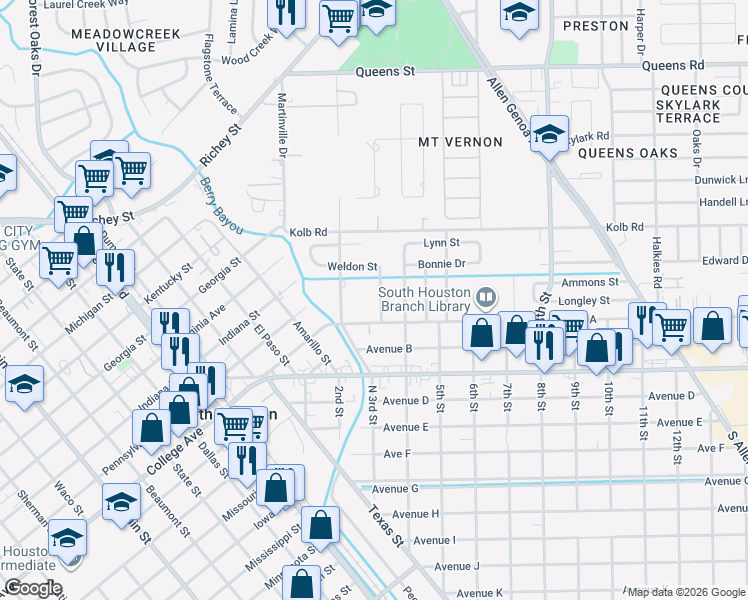 map of restaurants, bars, coffee shops, grocery stores, and more near 108 Weldon Street in South Houston