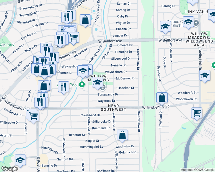 map of restaurants, bars, coffee shops, grocery stores, and more near 4514 Hazelton Street in Houston