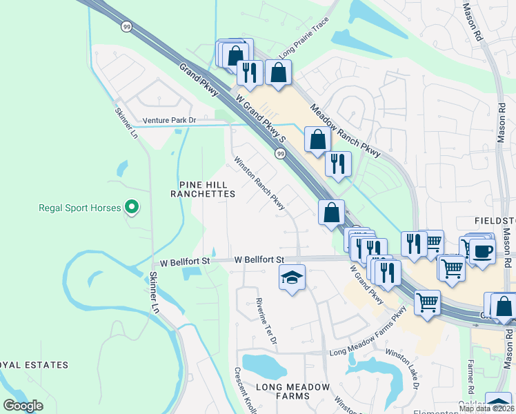 map of restaurants, bars, coffee shops, grocery stores, and more near 21135 Gladys Yoakum Drive in Richmond