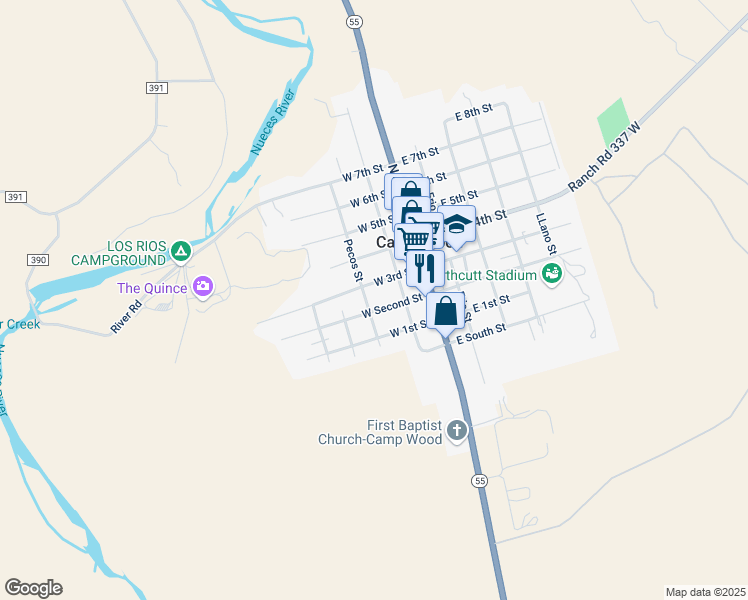 map of restaurants, bars, coffee shops, grocery stores, and more near 204 Pecos Street in Camp Wood