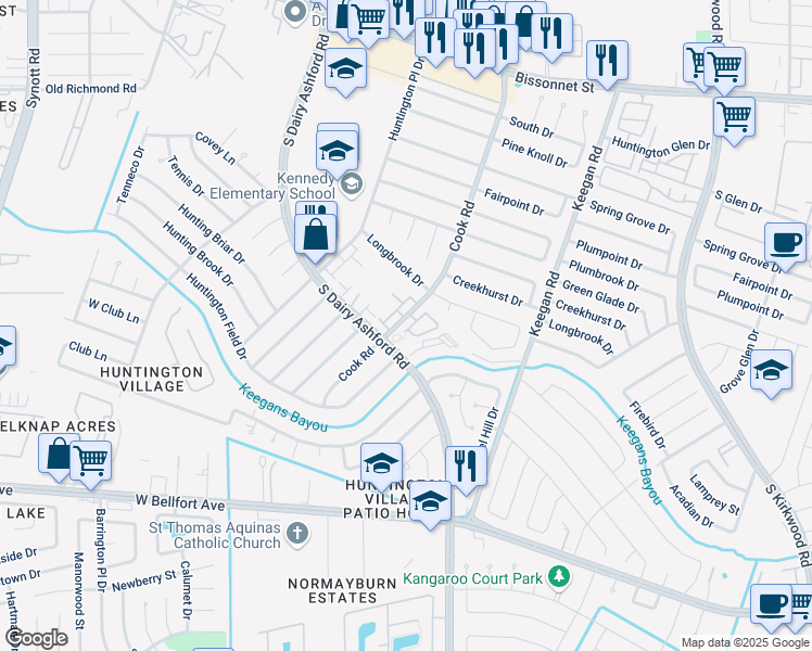 map of restaurants, bars, coffee shops, grocery stores, and more near 12502 Panther Villa Court in Houston