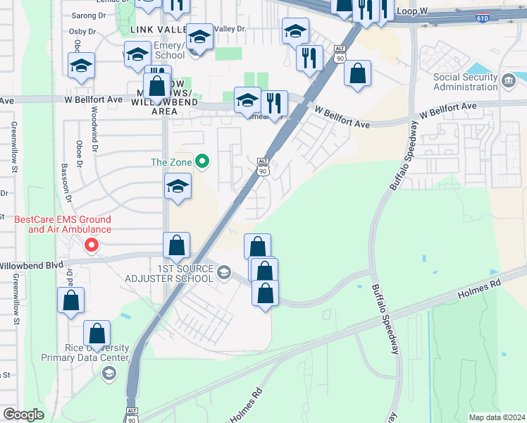 map of restaurants, bars, coffee shops, grocery stores, and more near 3308 Clearview Circle in Houston