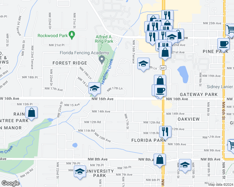 map of restaurants, bars, coffee shops, grocery stores, and more near 1730 NW 16th Pl in Gainesville