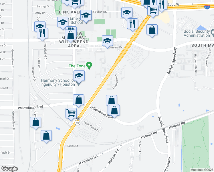 map of restaurants, bars, coffee shops, grocery stores, and more near 3439 Clearview Circle in Houston