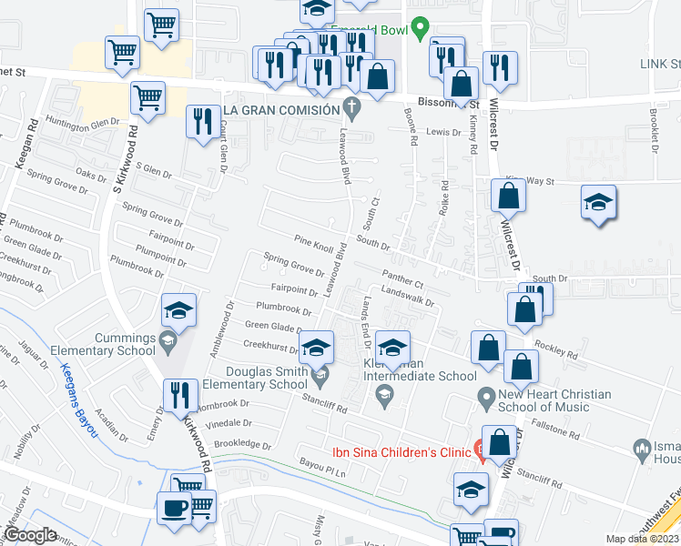 map of restaurants, bars, coffee shops, grocery stores, and more near 10103 Leawood Boulevard in Houston
