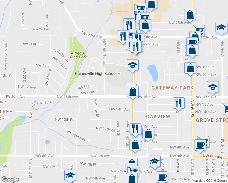 map of restaurants, bars, coffee shops, grocery stores, and more near 1614 Northwest 16th Avenue in Gainesville