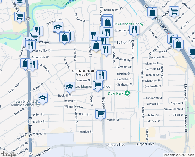 map of restaurants, bars, coffee shops, grocery stores, and more near 8515 Dover Street in Houston