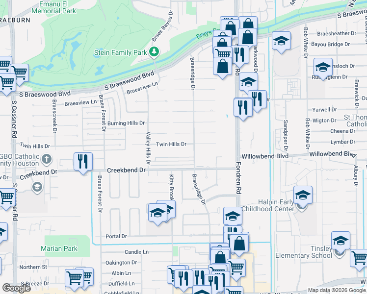 map of restaurants, bars, coffee shops, grocery stores, and more near 7727 Twin Hills Drive in Houston