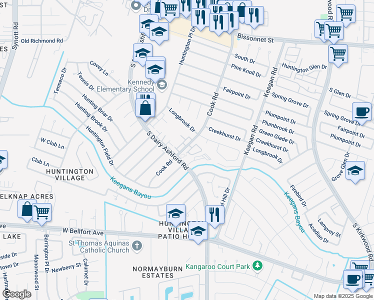 map of restaurants, bars, coffee shops, grocery stores, and more near 12502 Panther Villa Court in Houston