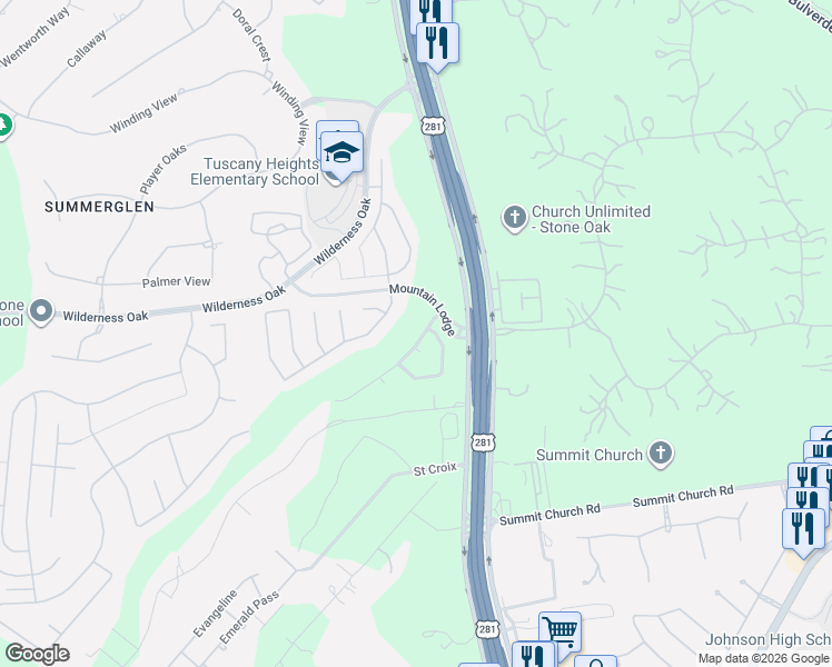 map of restaurants, bars, coffee shops, grocery stores, and more near 24214 Mountain Blue in San Antonio
