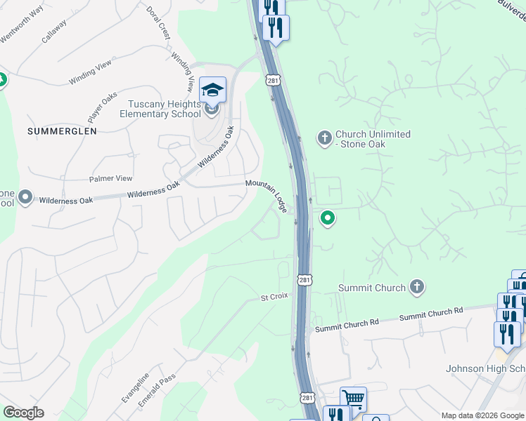 map of restaurants, bars, coffee shops, grocery stores, and more near 24214 Mountain Blue in San Antonio