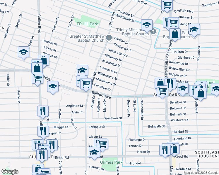 map of restaurants, bars, coffee shops, grocery stores, and more near 5218 Pensdale Street in Houston