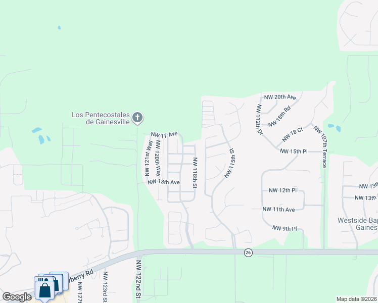 map of restaurants, bars, coffee shops, grocery stores, and more near 11872 Northwest 14th Road in Gainesville