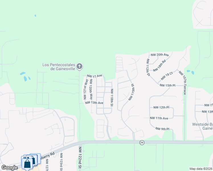 map of restaurants, bars, coffee shops, grocery stores, and more near 11872 Northwest 14th Road in Gainesville