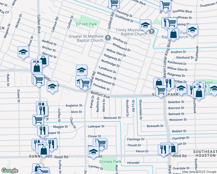 map of restaurants, bars, coffee shops, grocery stores, and more near 5218 Pensdale Street in Houston