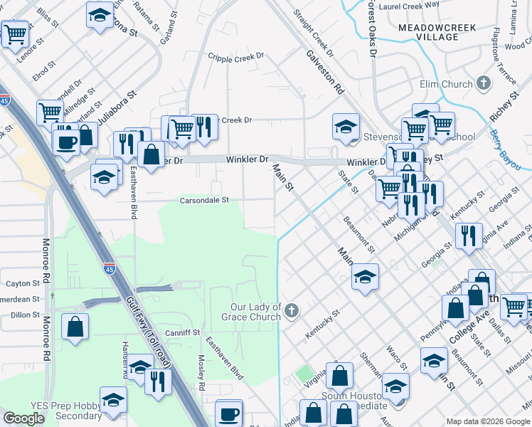 map of restaurants, bars, coffee shops, grocery stores, and more near 6910 Canniff Road in Houston