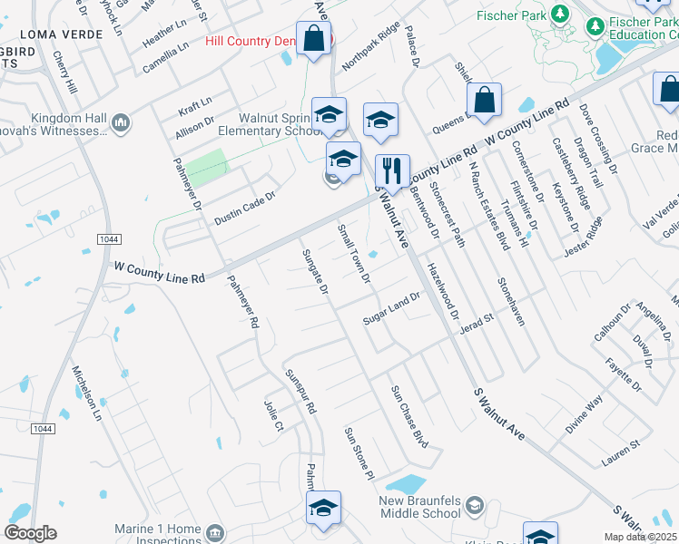 map of restaurants, bars, coffee shops, grocery stores, and more near 1327 Dime Box Circle in New Braunfels