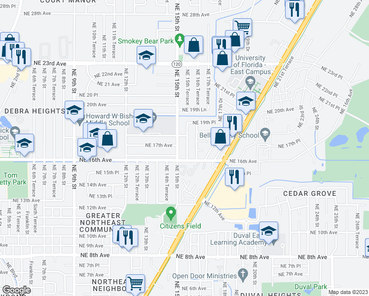 map of restaurants, bars, coffee shops, grocery stores, and more near 1626 Northeast 15th Terrace in Gainesville