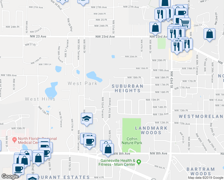 map of restaurants, bars, coffee shops, grocery stores, and more near 5106 Northwest 16th Place in Gainesville