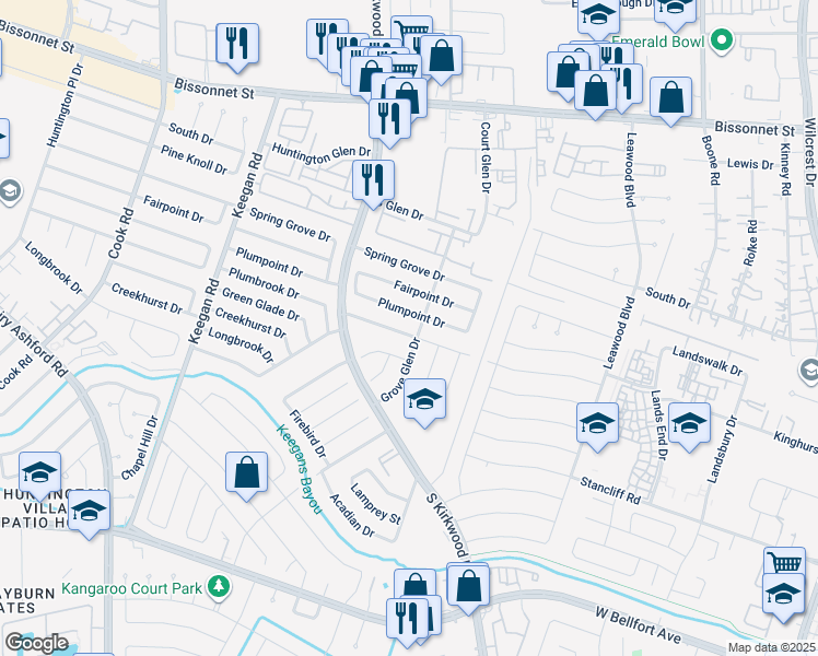 map of restaurants, bars, coffee shops, grocery stores, and more near 11803 Plumbrook Drive in Houston