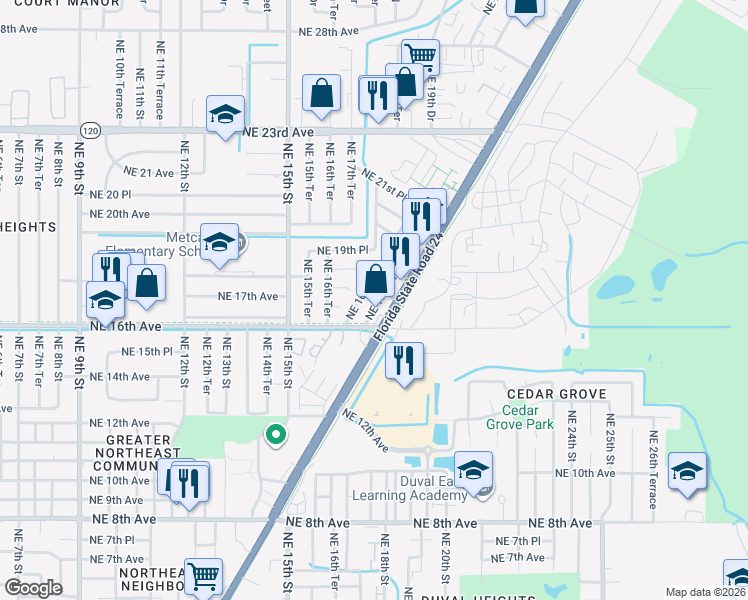 map of restaurants, bars, coffee shops, grocery stores, and more near 1602 Northeast Waldo Road in Gainesville