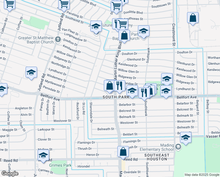 map of restaurants, bars, coffee shops, grocery stores, and more near 5635 Windemere Street in Houston