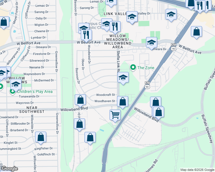 map of restaurants, bars, coffee shops, grocery stores, and more near 4041 Woodshire Street in Houston